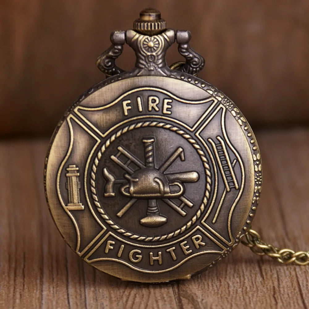 Vintage FIRE Fighter Quartz Pocket Watch Bronze Firemen Clock With Necklace Chain Men Male GIfts Exquisite Relojes