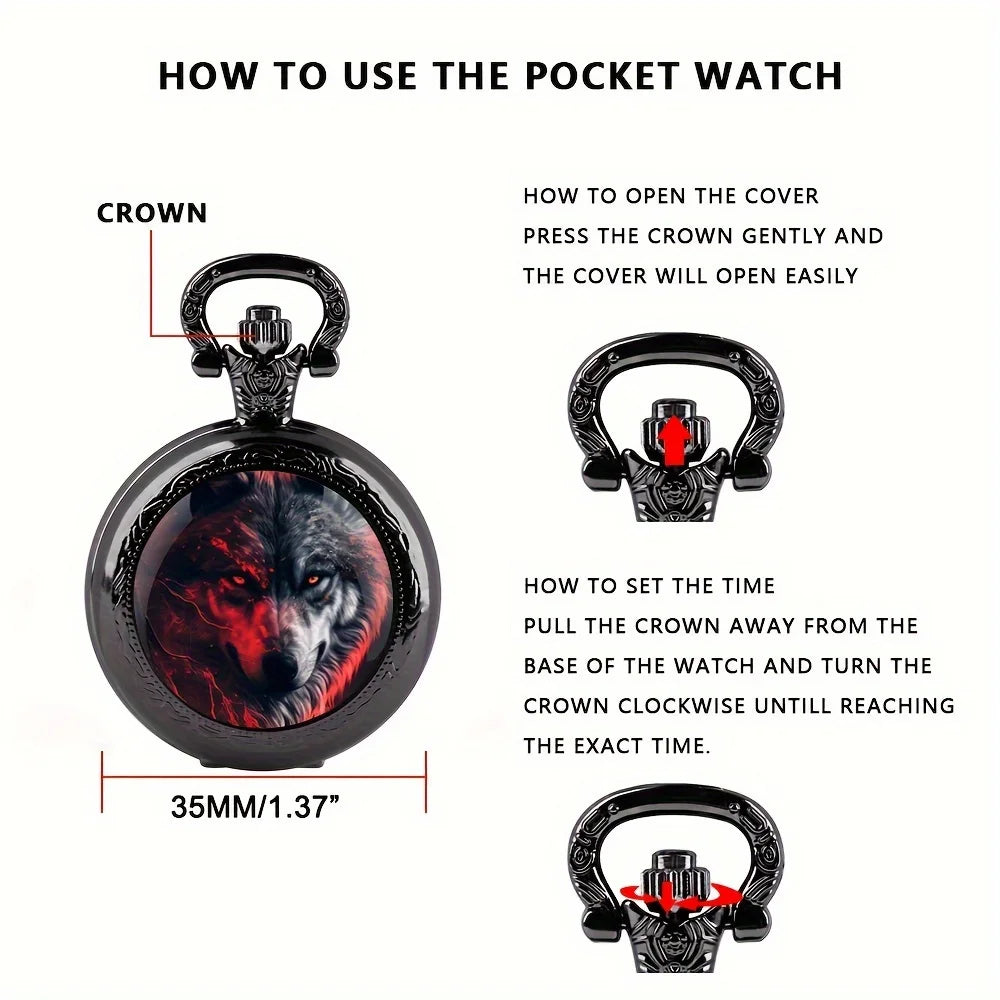 Vintage Wolf Animal Design Quartz Pocket Watch with Black Necklace Pendant World-Time Feature, Analog Display For Women Men Kids