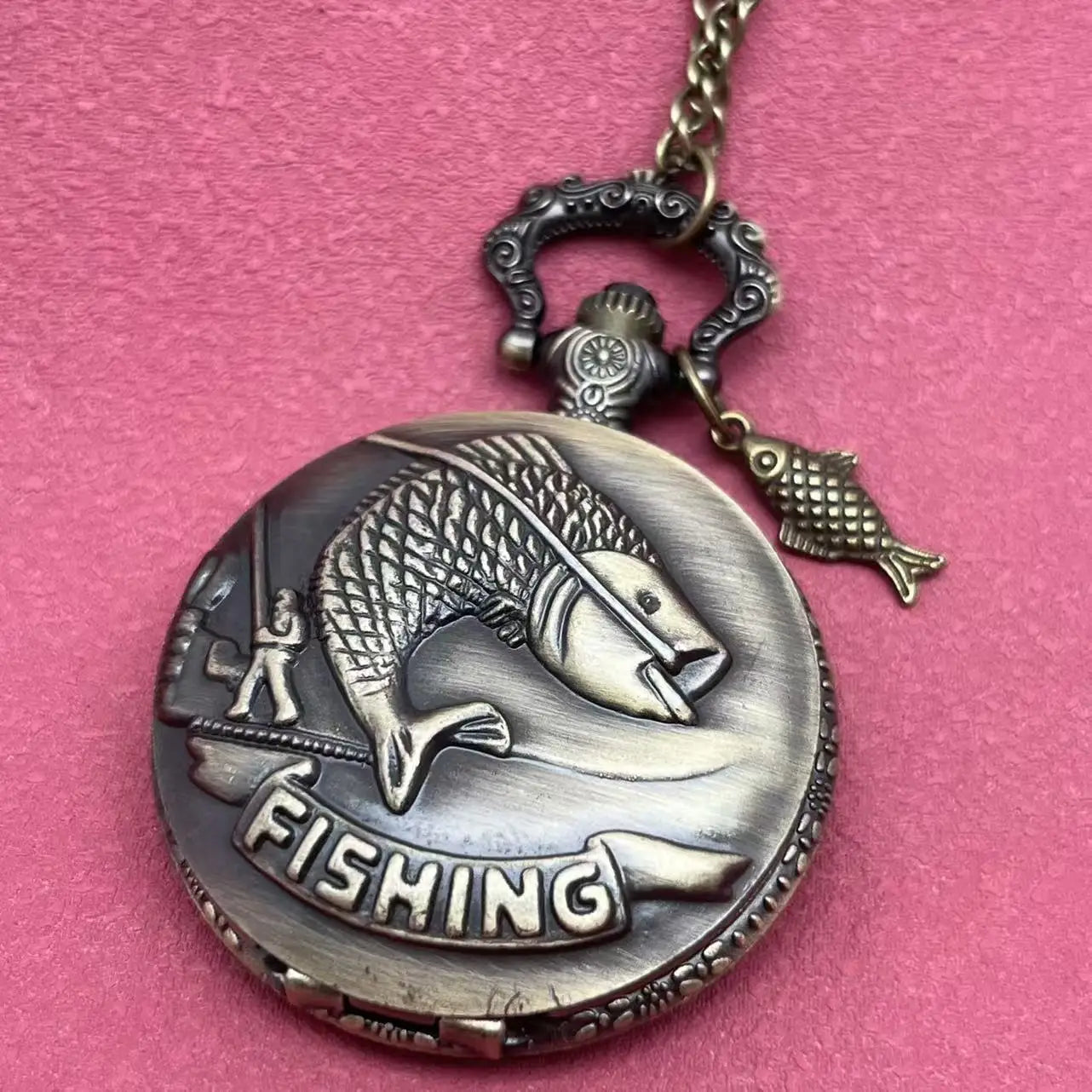 Bronze Fishing Pocket Watch Vintage Steampunk Quartz Pocket Watch with Necklace Chain Fashion Best Gift for Male Men Clock