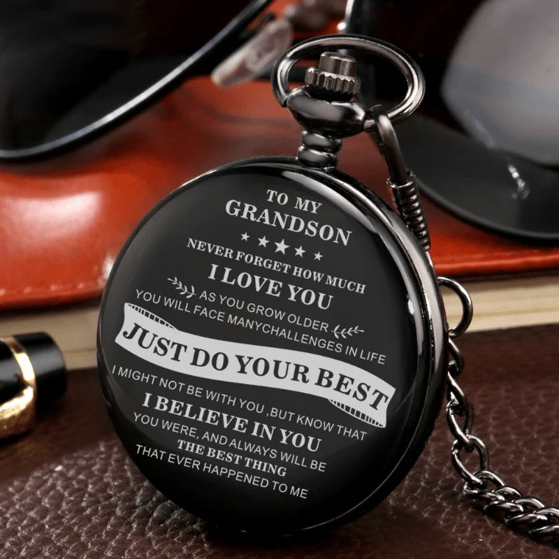 To MY GRANDSON Gifts Pocket Watch "JUST DO YOUR BEST" Quartz Waist Chain Pocket Watch Pendant Exquisite Clock Masculino Relogio