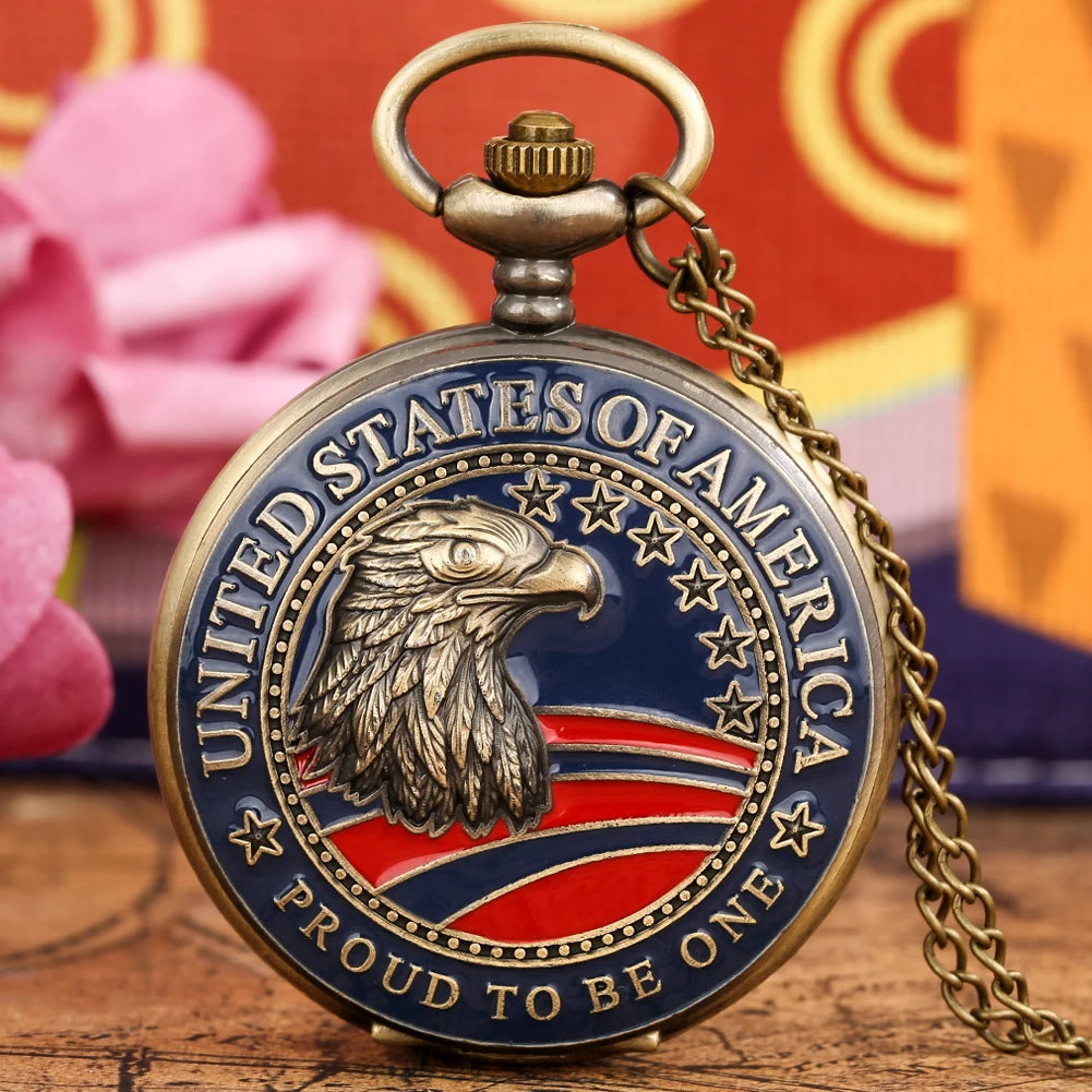 Vintage United States Eagle Pattern Chain Pendant Quartz Pocket Watch Best Collectible Souvenir Gift for Male Men KIds Relógio