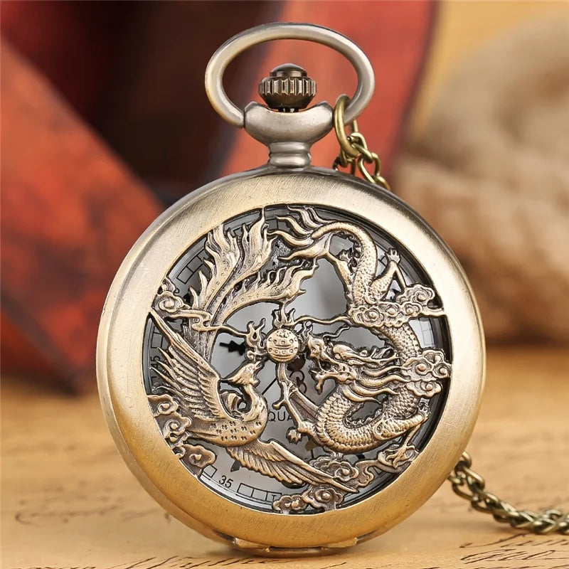 Retro Double Dragons Playing with Beads Quartz Pocket Watch With Necklace Chain Gift for Male Women Chronograph Hombre Relojes