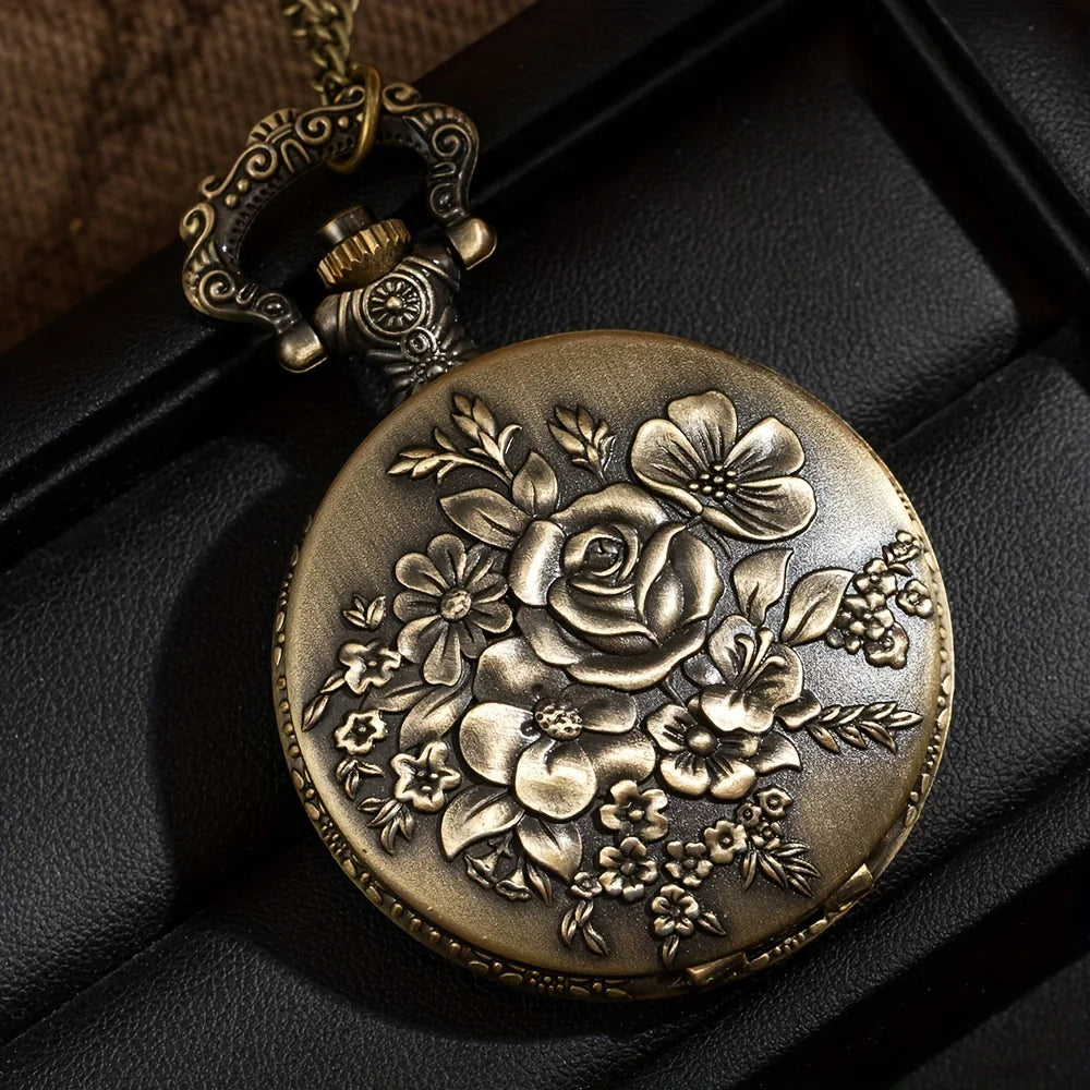 3D Rose Flower Pocket Watch  Punk Bronze Quartz Vintage Pocket Watches with Necklace Chain Valentine's Day Souvenirs Gift Clock