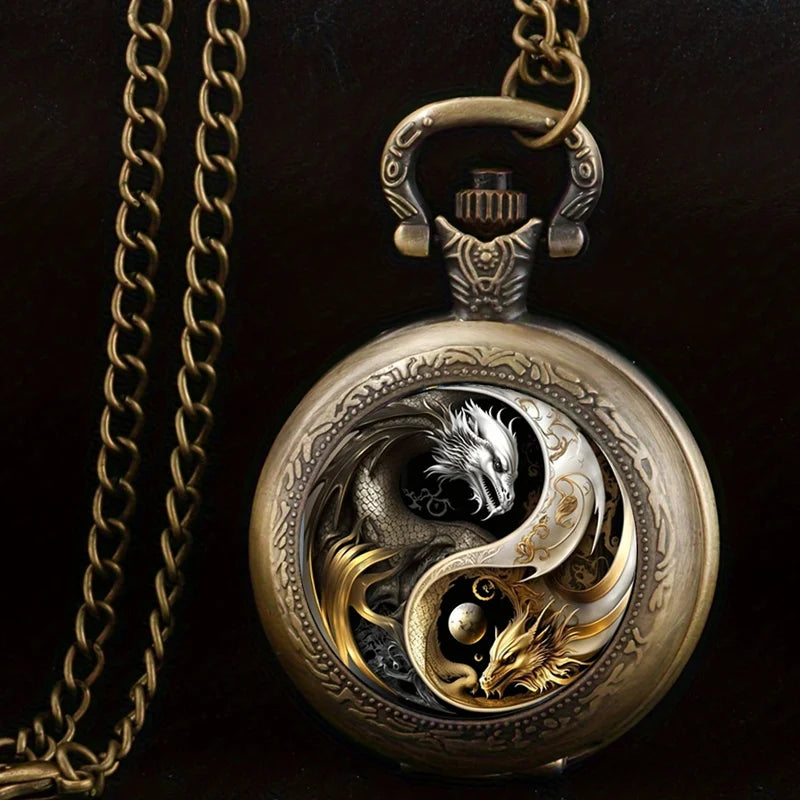 Vintage Cool Pocket Watch Two Dragon Moon Elegant Exquisite Clock With Necklace Chain Lovers Masculino Relogio Best Gift