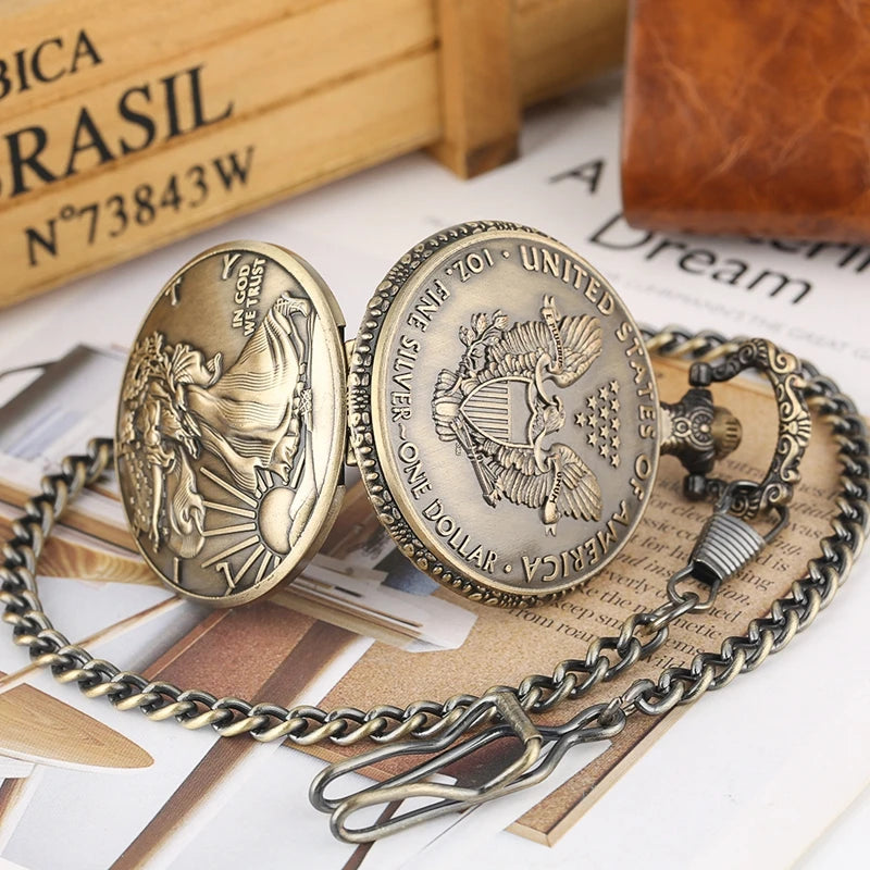 Retro Bronze Statue of Liberty Coin Pattern Collectible Quartz Pocket Watch Gift for Male Women Chronograph Hombre Relojes