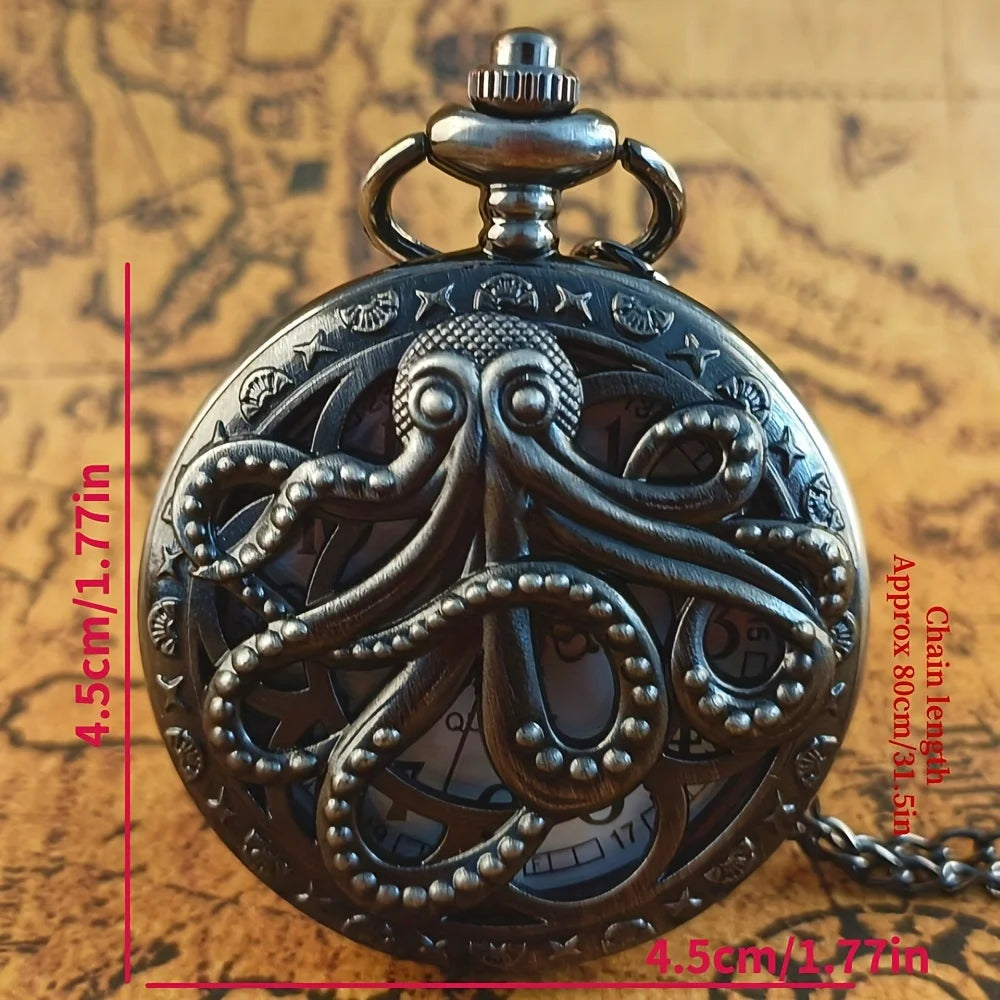Vintage Hollow Black Bronze Octopus Quartz Pocket Watch with Necklace Chain Gift for Male Women Chronograph Hombre Relojes