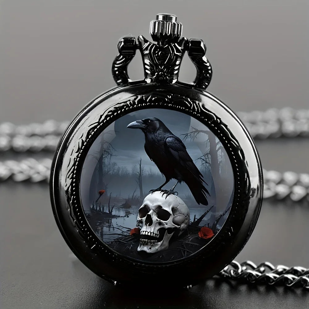 Vintage Gothic Raven & Skull Design with Black Chain, Quartz Movement, World Time Function, Mini Size Pocket Watch for Halloween