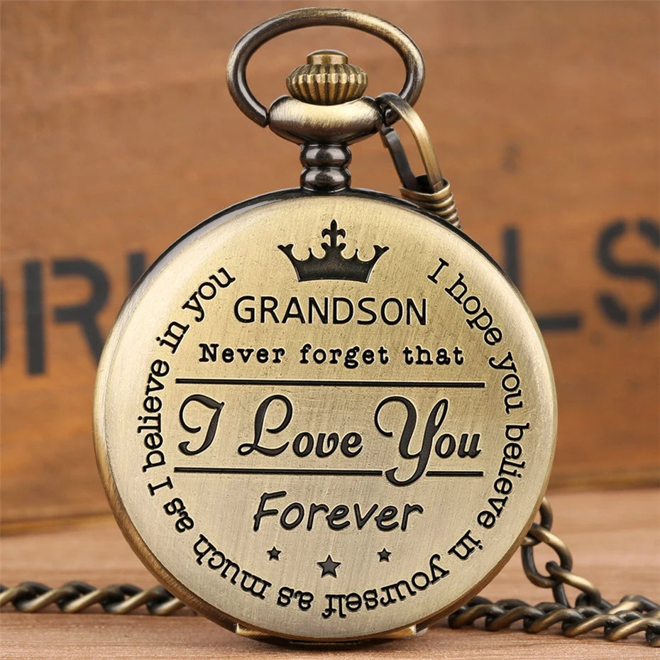 TO MY GRANDSON Gift Vintage Pocket Watch Fashion Quartz Pocket Watch with Chain Love You Forever Men's Clock Exquisite Relojes
