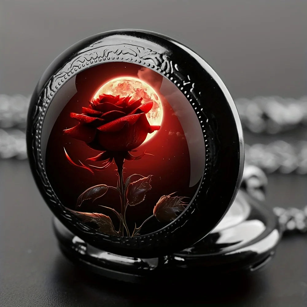 Exquisite Special Pocket Watch Romantic Rose Flower Elegant Black Clock With Necklace Lover's Best Gift Cool Fashion Relojes