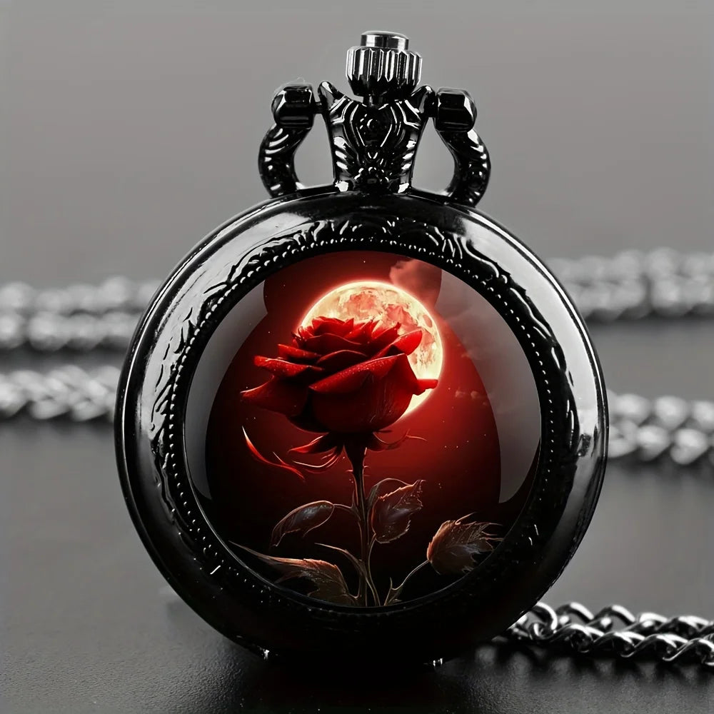 Exquisite Special Pocket Watch Romantic Rose Flower Elegant Black Clock With Necklace Lover's Best Gift Cool Fashion Relojes