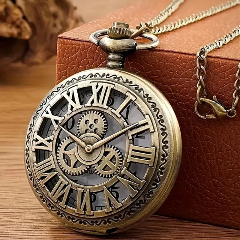 Retro Pocket Watch Hollow Gearwheel Vintage Exquisite Bronze Quartz Watches With Necklace Chain Best Souvenir Gift Clock Relojes