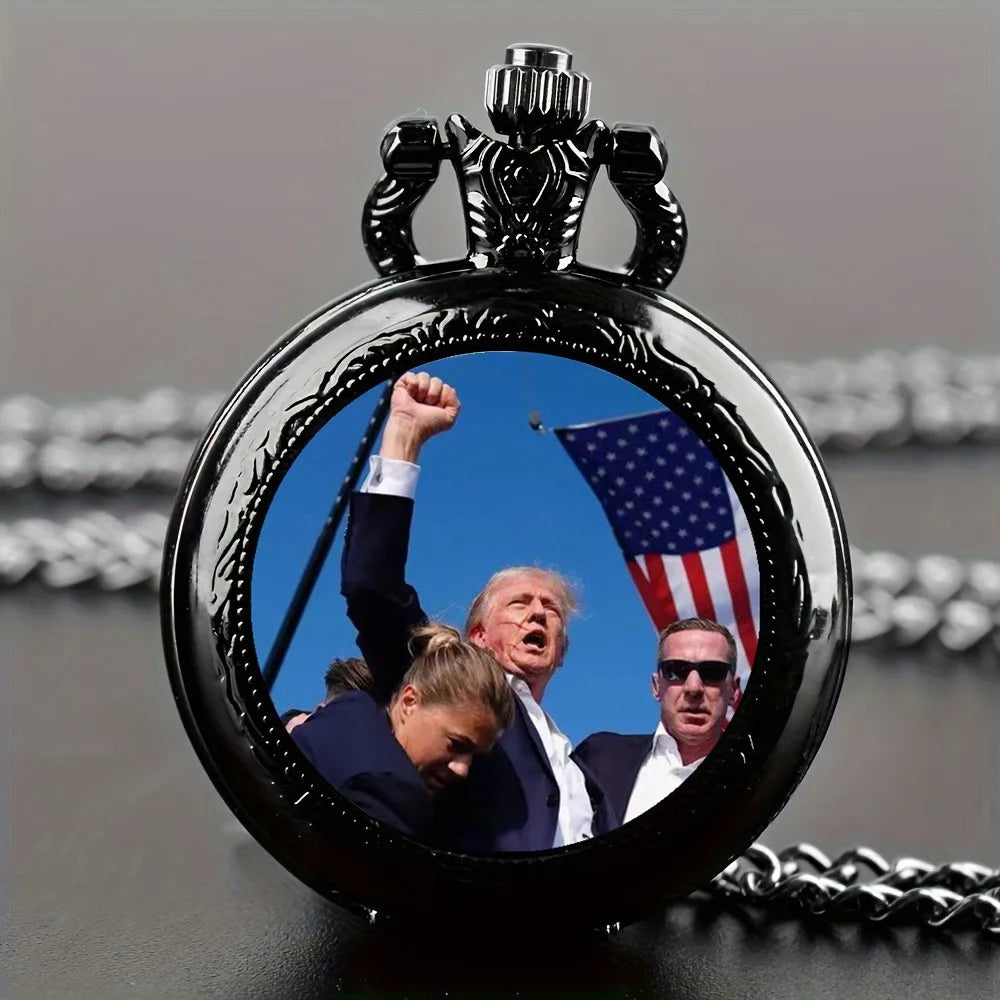 Vintage Trump 2024 Election Memorial Pocket Watch Quartz Clock President Assassinated, Big Event, Unique Souvenir Necklace Gift