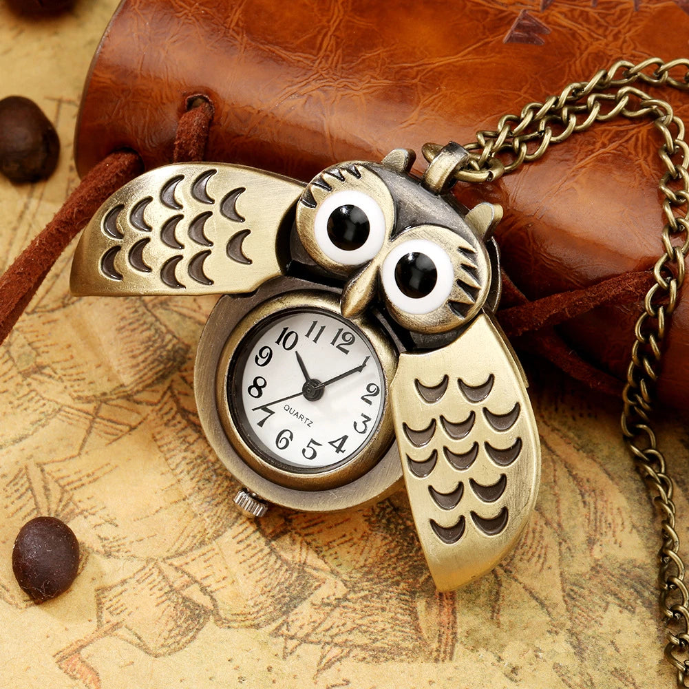 3D Owl Cute Pocket Watch Vintage Punk Bronze Nighthawk Quartz Pocket Watches with Necklace Chain Kid Ladies Souvenirs Gift Clock
