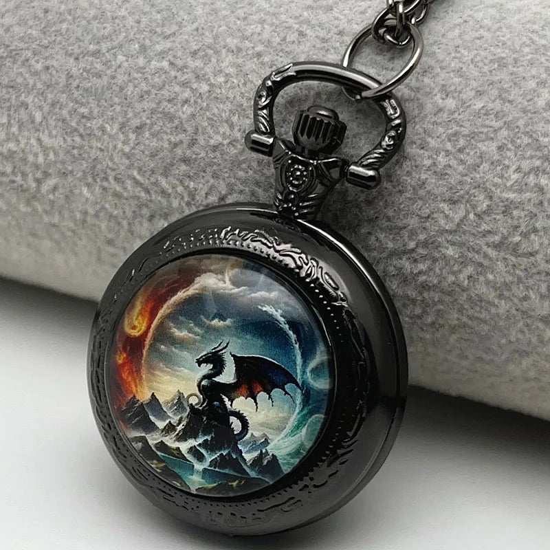 Fashion Cool Pocket Watch Cartoon Dragon On Mountaintop Elegant Exquisite Clock With Necklace Chain Kids Relogio Best Gift