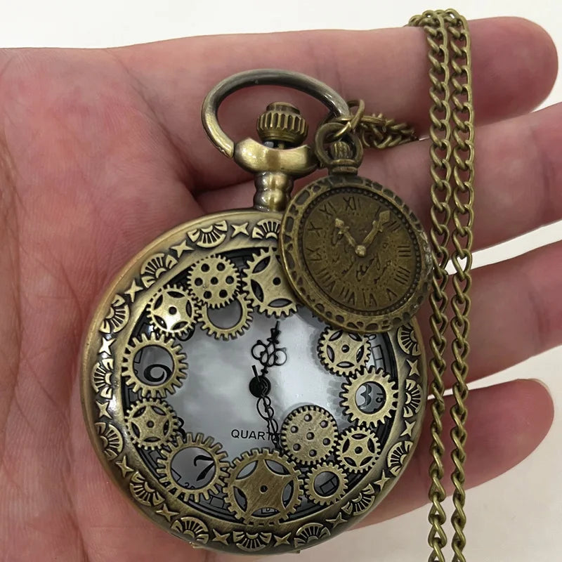 Necklace With Pendant Vintage Pocket Watch Hollow Styles Gearwheel Bronze Quartz Watches Casual Clock Best Souvenir Gift Relojes