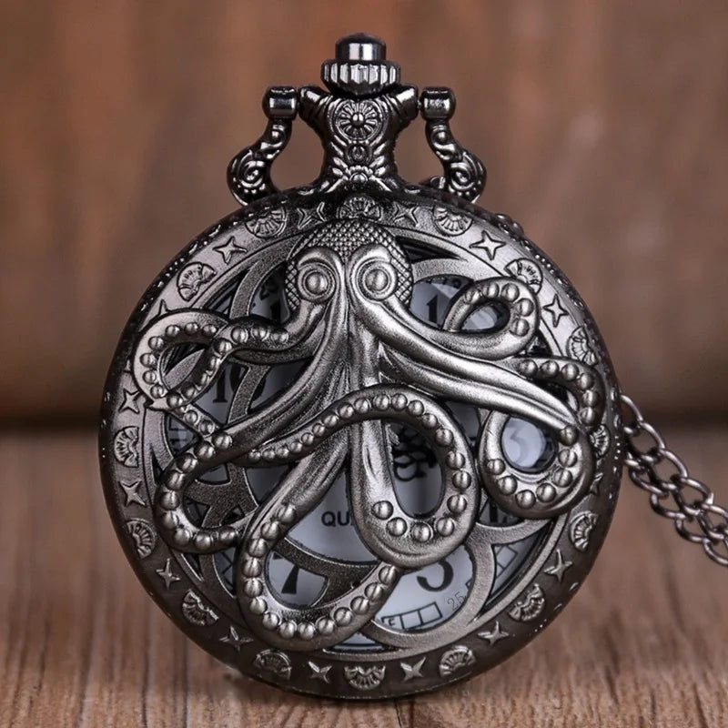 Retro Black & Bronze Octopus Quartz Pocket Watch With Necklace Chain Gift for Male Women Chronograph Hombre Relojes