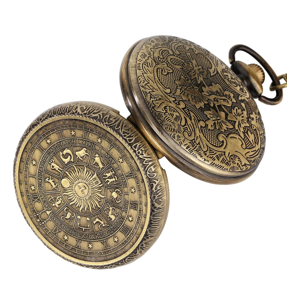 Vintage Pocket Watch Bronze Quartz Zodiac Signs Watches with Chain The SUN Male's Kid Retro Clock Exquisite Fashion Relogios