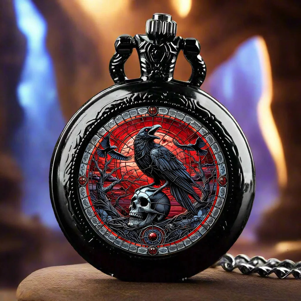 Vintage-Style Crow Skull Exquisite Pocket Watch - Quartz Movement, Round Dial, Unique Black Necklace Souvenir Gift For Children