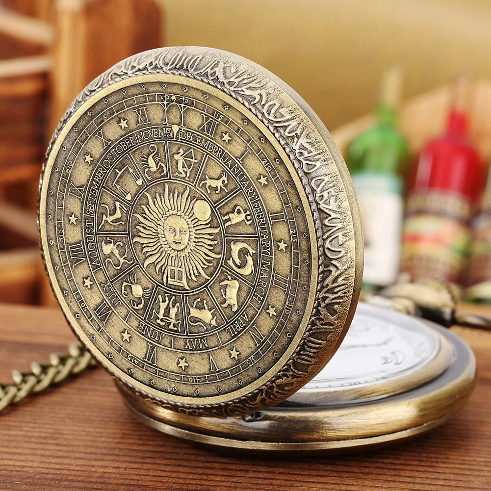 Vintage Pocket Watch Bronze Quartz Zodiac Signs Watches with Chain The SUN Male's Kid Retro Clock Exquisite Fashion Relogios