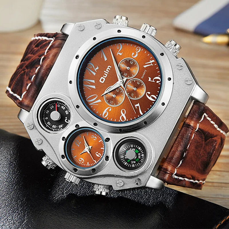 Brand OULM Watch Men Quartz Sports Leather Strap Male Military Wristwatch Clock Compass Calendar Thermometer