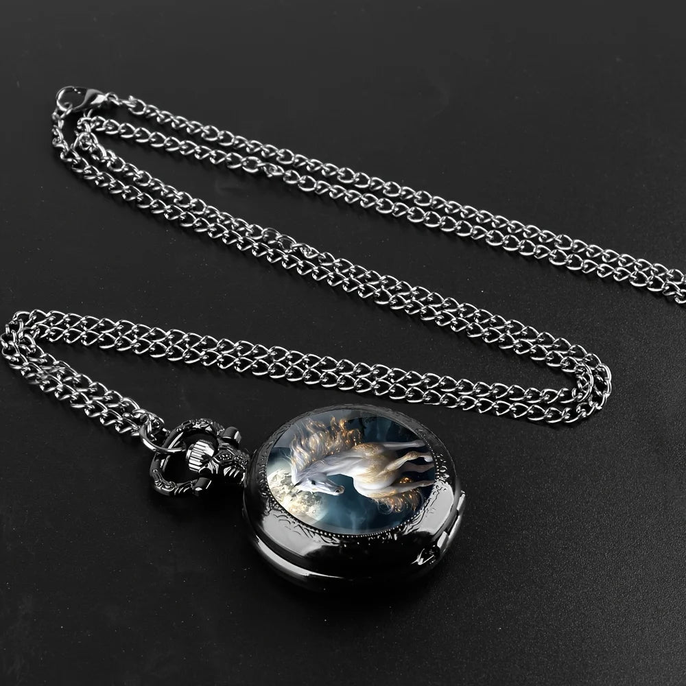Retro Unique Silvery Horse Animal Design Necklace Pendant Quartz Pocket Watch, Cool Exquisite Accessory for Men Women and Kids