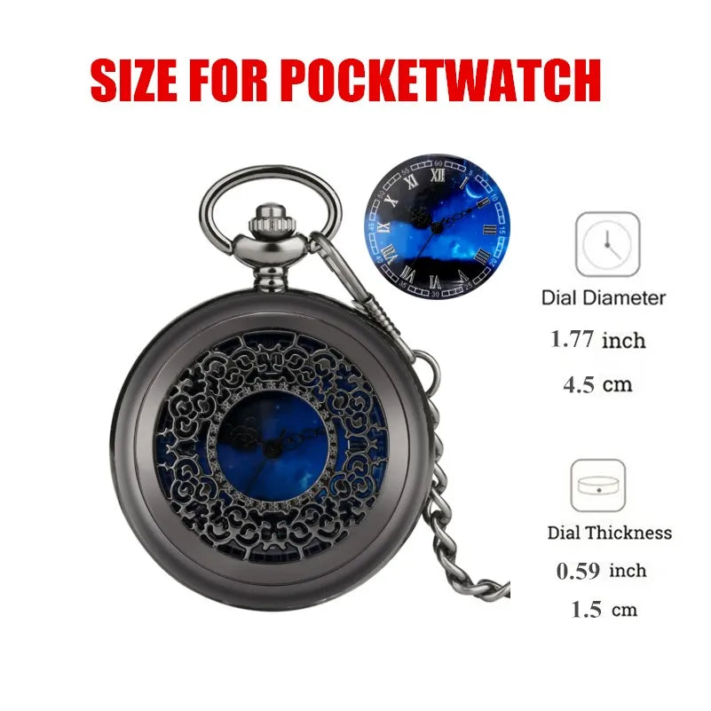Vintage Clock Exquisite Starry Blue Dial Hollow Quartz Pocket Watch with Necklace Chain Pendant Gift Men's Clock