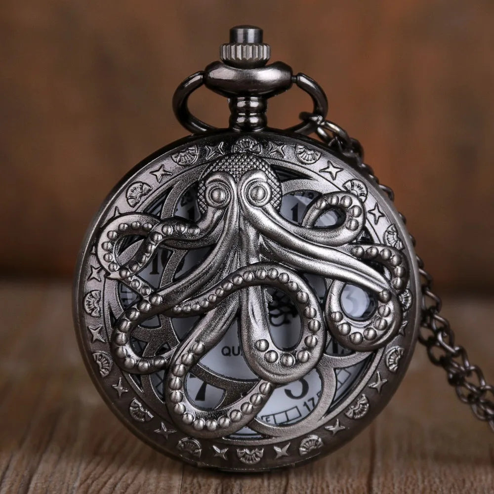 Vintage Hollow Black Bronze Octopus Quartz Pocket Watch with Necklace Chain Gift for Male Women Chronograph Hombre Relojes