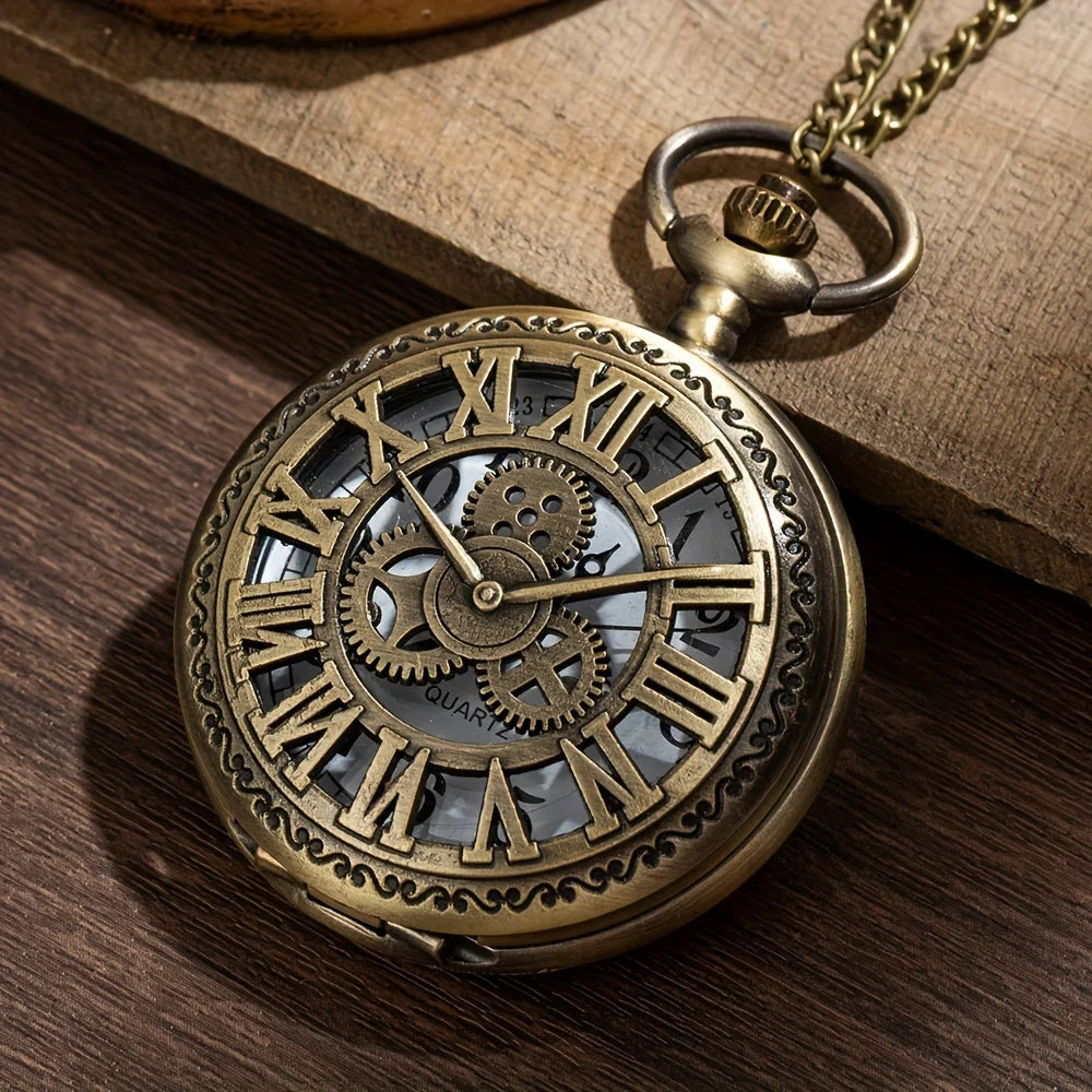 Retro Pocket Watch Hollow Gearwheel Vintage Exquisite Bronze Quartz Watches With Necklace Chain Best Souvenir Gift Clock Relojes