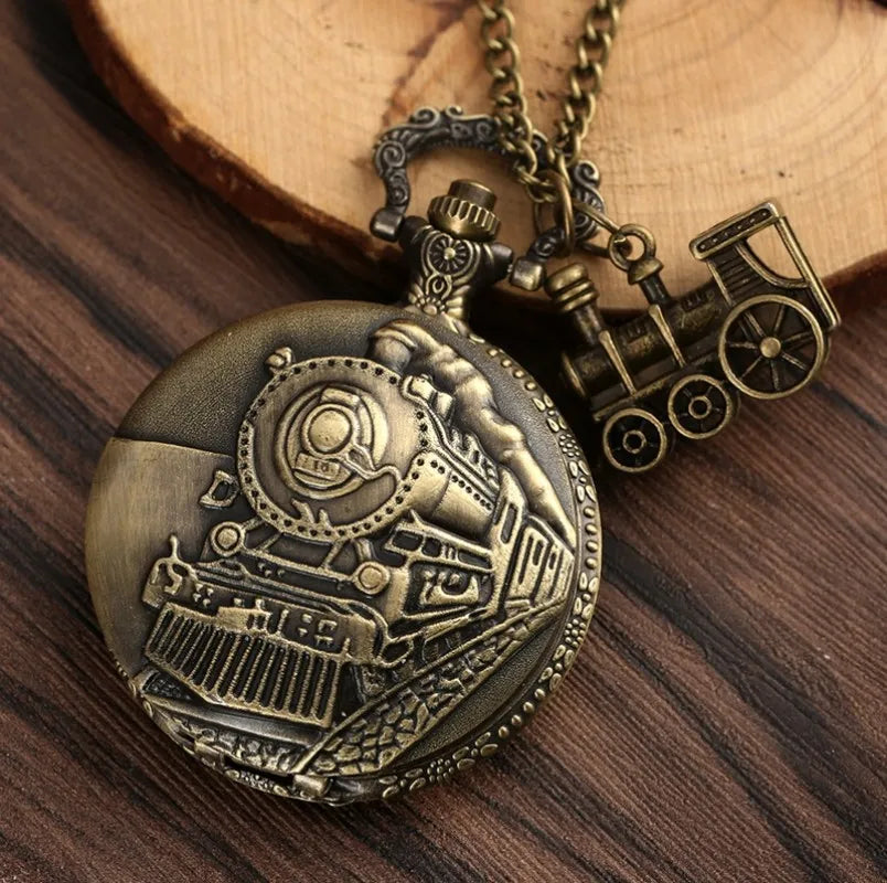 Vintage Steampunk Train Pocket Watch with Necklace Chain Copper Pendant Men Male Exquisite Casual Clock Retro Souvenir Gifts
