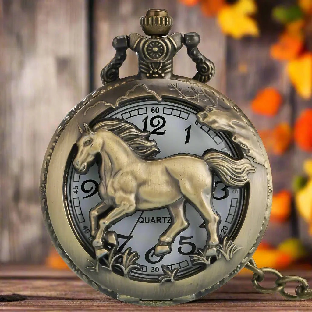 Cute Horse Pocket Watch Hollow Style Vintage Elegant Pocketwatch With Chain Animal Masculino Relogio Exquisite Clock Retro Gift