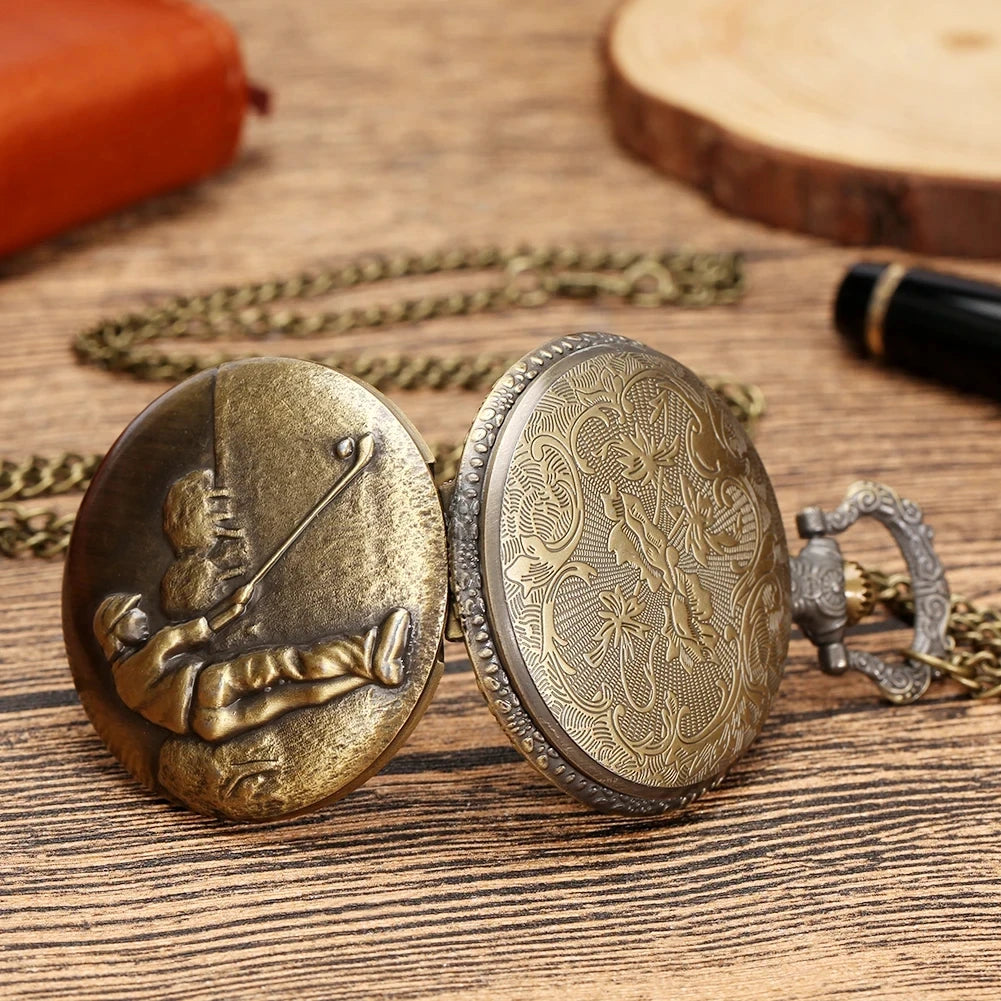 Vintage Charm Bronze Golf Man Quartz Necklace Pocket Watch  Arabic Numerals Display Pendant Pocket Clock Collections Gifts