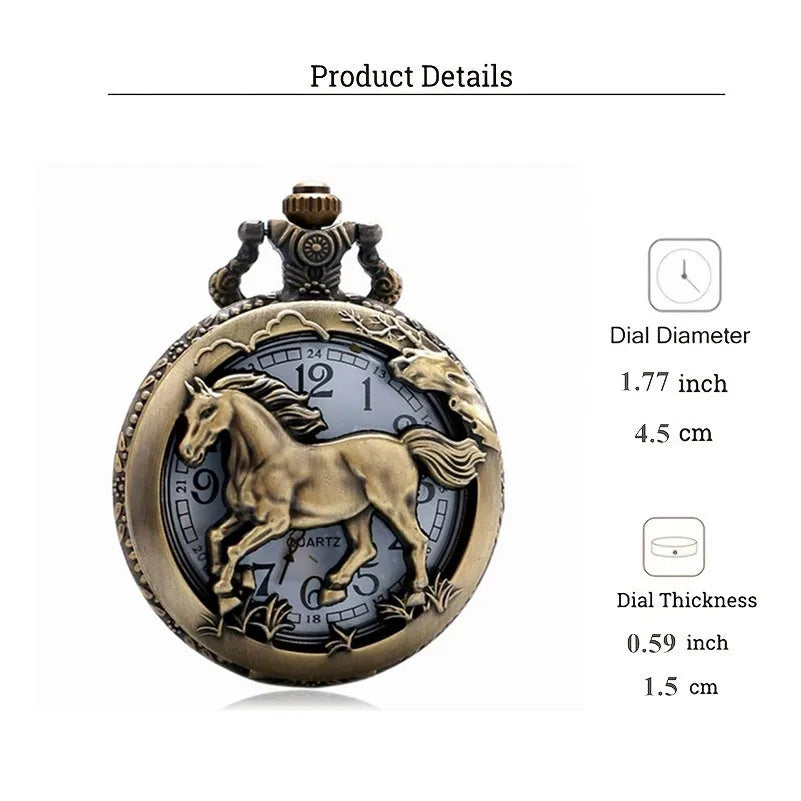 Bronze Hollow Horse Design Quartz Pocket Watch Vintage Necklace Gifts Fashion New Men Women Exquisite Retro Watches Relogios