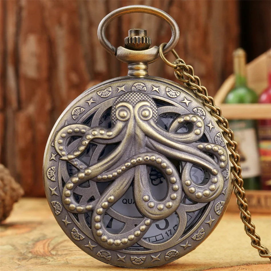 Retro Black & Bronze Octopus Quartz Pocket Watch With Necklace Chain Gift for Male Women Chronograph Hombre Relojes