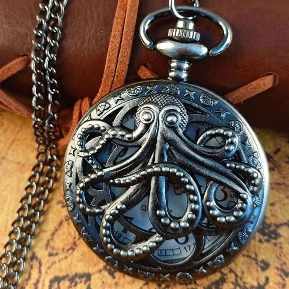 Vintage Hollow Black Bronze Octopus Quartz Pocket Watch with Necklace Chain Gift for Male Women Chronograph Hombre Relojes