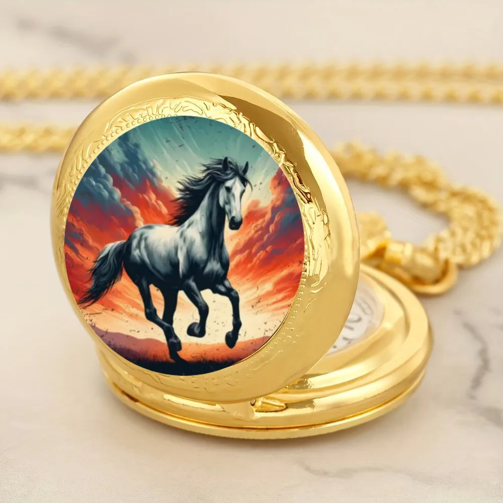 Vintage Golden Running Horse Animal Quartz Pocket Watch With Necklace Chain Watch Best Gift For Women Men and Kids