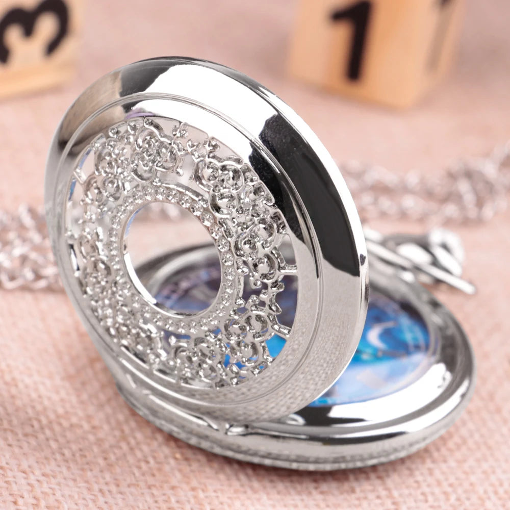 Hollow Starry Blue Dial Pocket Watch Vintage Necklace Best Gifts Fashion Clock New Men Women Exquisite Watches Relogios