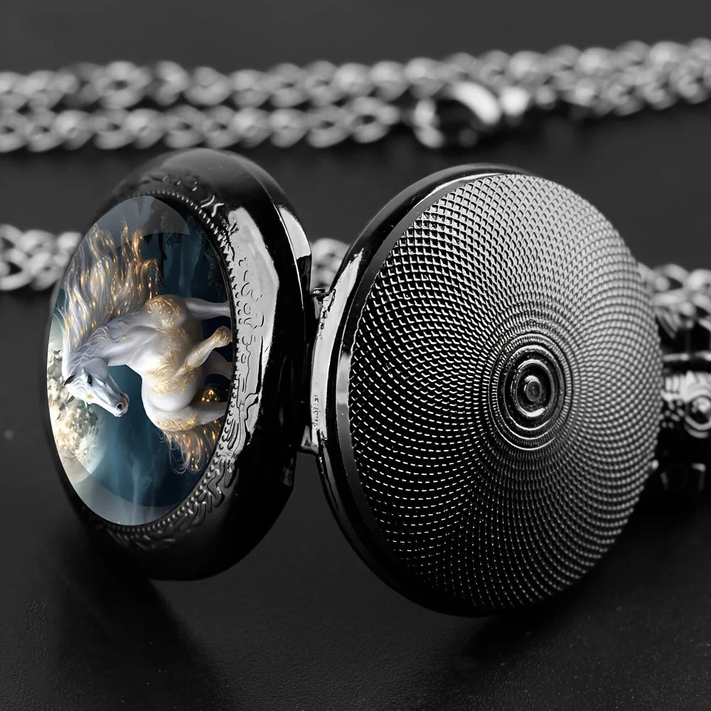 Retro Unique Silvery Horse Animal Design Necklace Pendant Quartz Pocket Watch, Cool Exquisite Accessory for Men Women and Kids