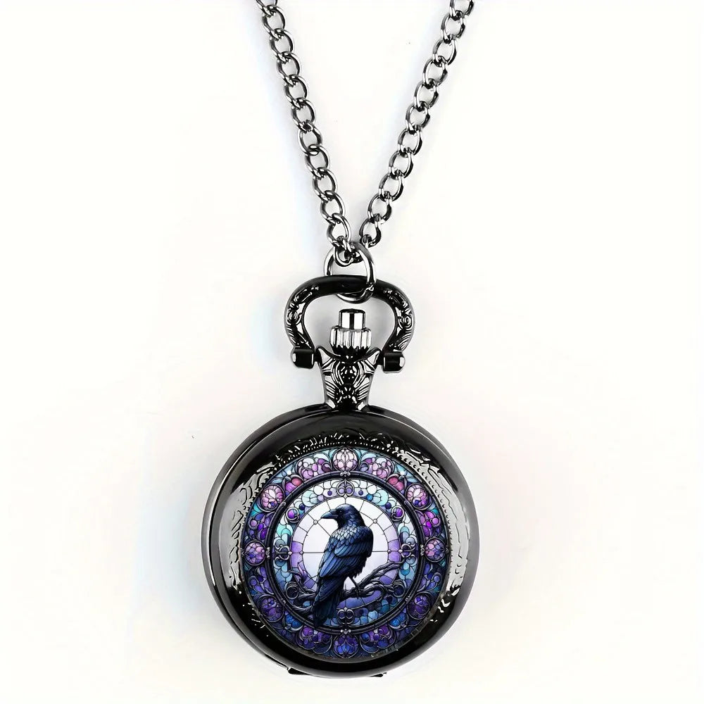Retro Black Crow Small Size Quartz Pocket Watch -Necklace Pendant With World Time Feature, Alloy Case, Ideal Gift For Men &Women