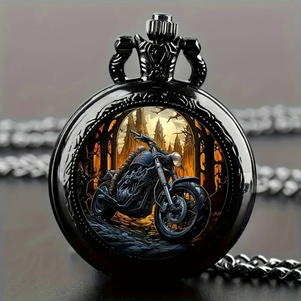 Classic Vintage Black Motorcycle Quartz Pocket Watch, Necklace Pendant With World Time Feature, Ideal Gift For Men & Women and K