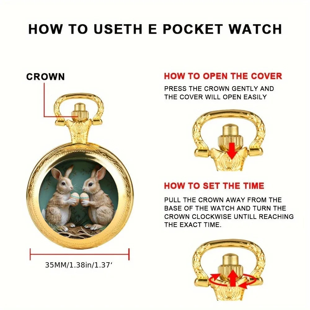 Exquisite Gold Cute Rabbit Pattern Mini Quartz Pocket Watch,With Necklace Pendant, Ideal Easter Gift For Men & Women and Kids