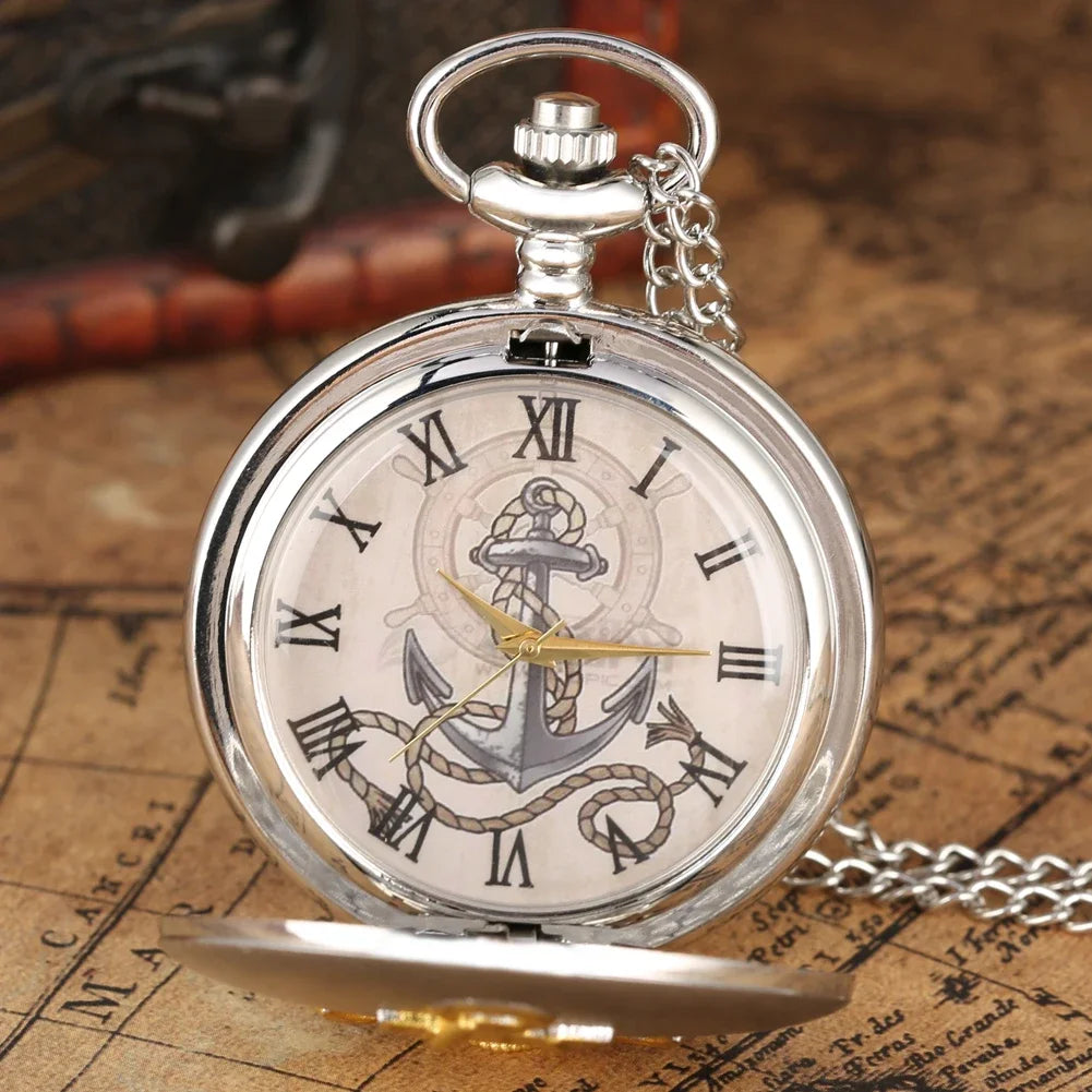Silver Vintage Classic Design Quartz Pocket Watch Men Anchor Souvenir Gift with 80cm Necklace Chain Best Gift Clock Male Relogio
