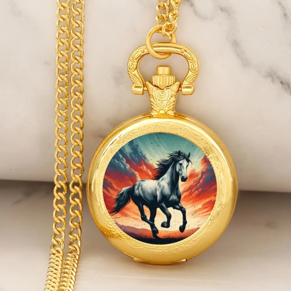 Vintage Golden Running Horse Animal Quartz Pocket Watch With Necklace Chain Watch Best Gift For Women Men and Kids