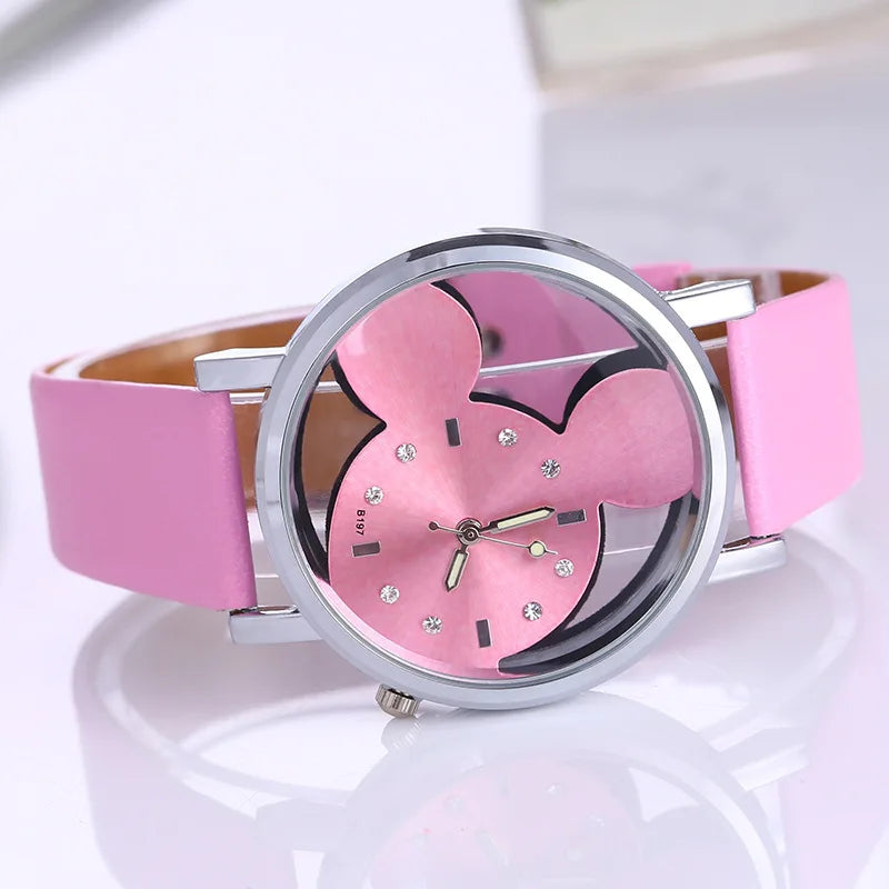 Cute Cartoon Women's Leather Strap Watches Luminous Fashion Hollow Style Wristwatch Montre Homme Mujer Relogio Feminino Relojes
