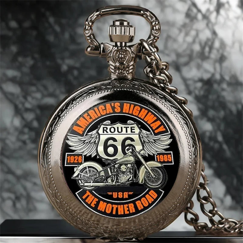 The Mother Road Route 66 Pocket Watch Cool Black Motorbike Clock Elegant Exquisite Pendant With Necklace Chain Relogio Best Gift