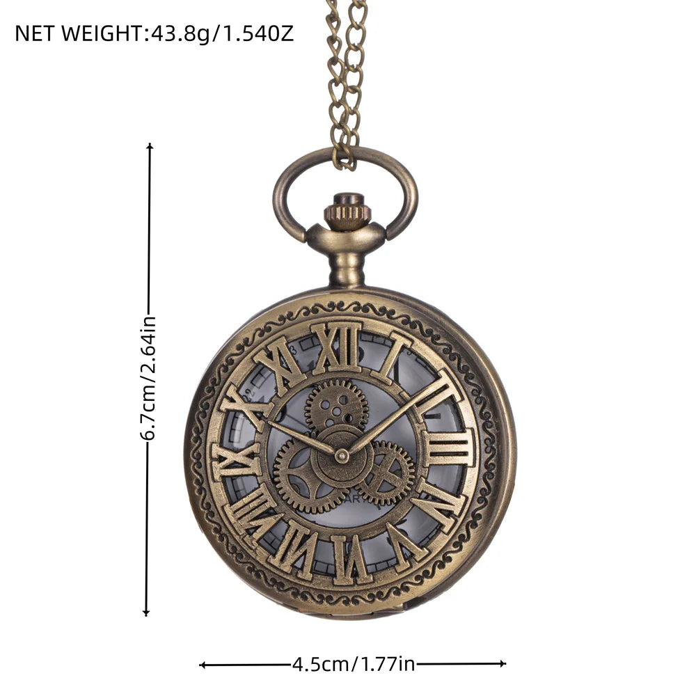 Retro Pocket Watch Hollow Gearwheel Vintage Exquisite Bronze Quartz Watches With Necklace Chain Best Souvenir Gift Clock Relojes