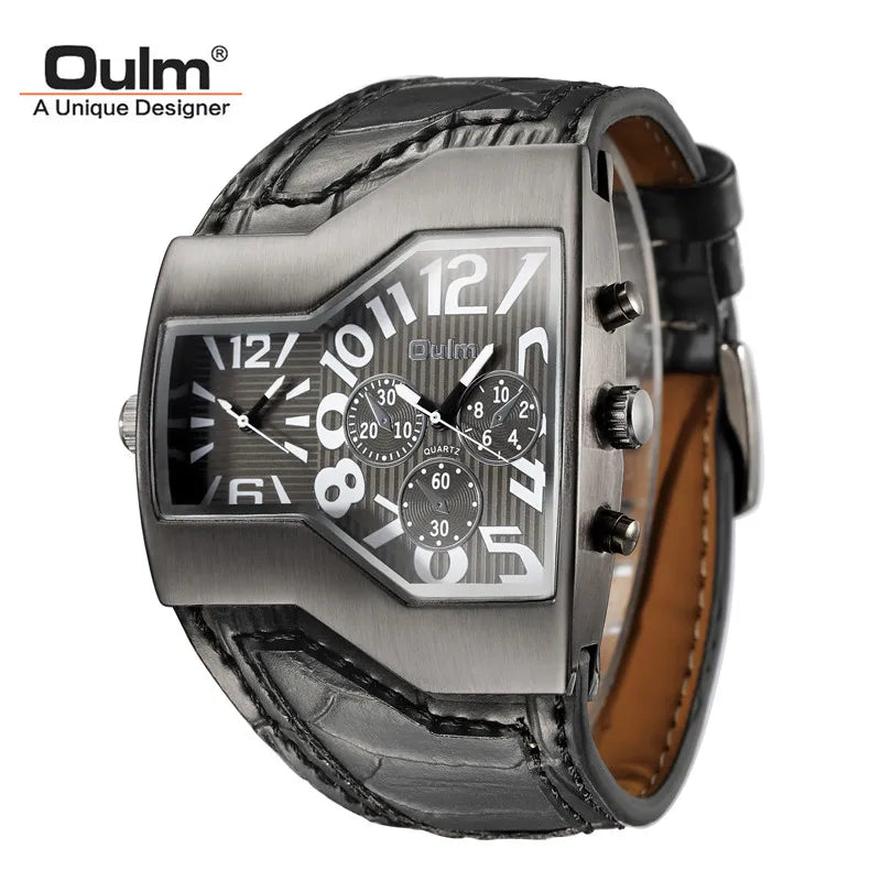 Double Movement Brand Oulm Watch Men Quartz Relojes Sports Leather Strap Male Relogio Military Wristwatch Casual Gift Clock