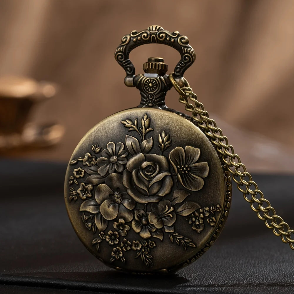 3D Rose Flower Pocket Watch  Punk Bronze Quartz Vintage Pocket Watches with Necklace Chain Valentine's Day Souvenirs Gift Clock