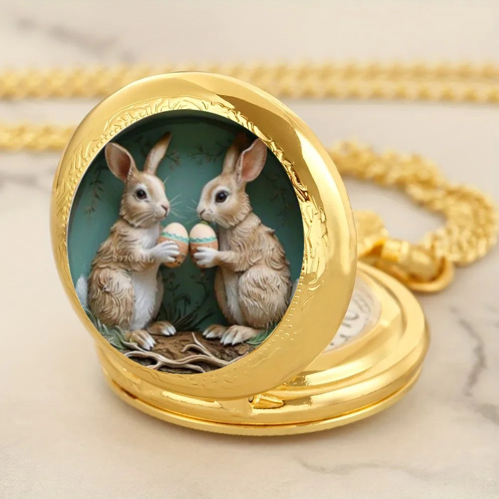 Exquisite Gold Cute Rabbit Pattern Mini Quartz Pocket Watch,With Necklace Pendant, Ideal Easter Gift For Men & Women and Kids