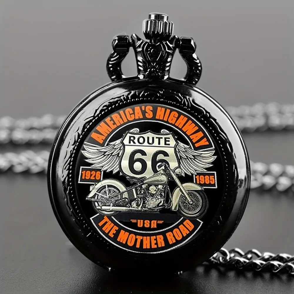 The Mother Road Route 66 Pocket Watch Cool Black Motorbike Clock Elegant Exquisite Pendant With Necklace Chain Relogio Best Gift