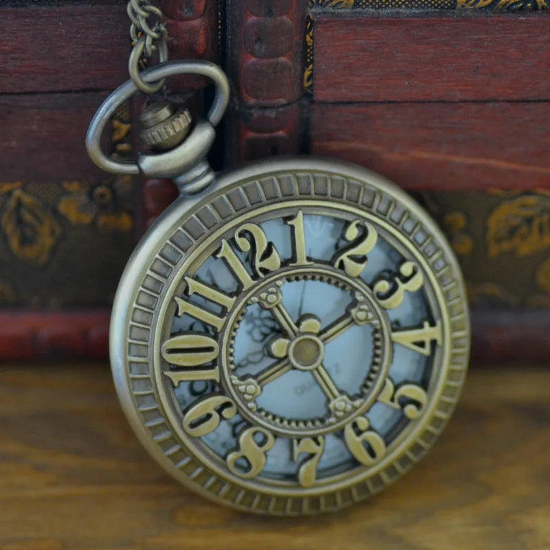Hollow Retro Lucky Turntable Shape Digital Quartz Pocket Watch Men Fans Souvenir Gifts with 80cm Neck Chain Gift Watch